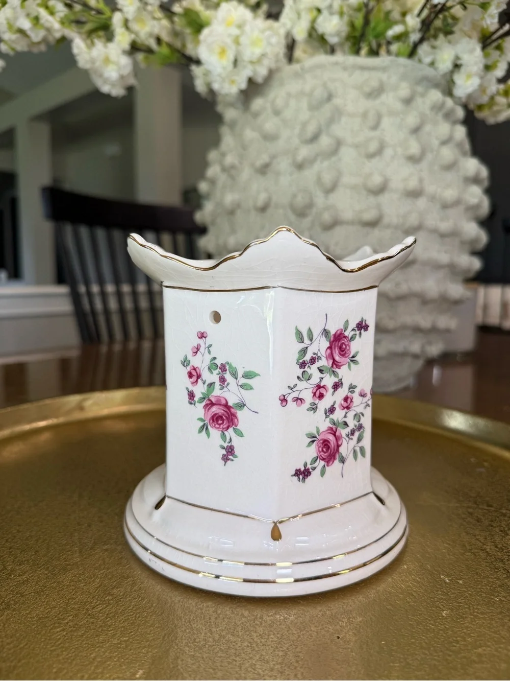 White Porcelain Pink Rose Teapot with Warmer - Classic Floral Design